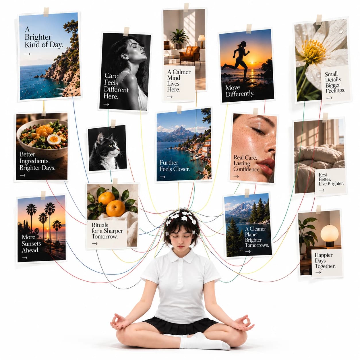 A calm person wired to a wall of ad designs, showing the AI learning from your business and your ads